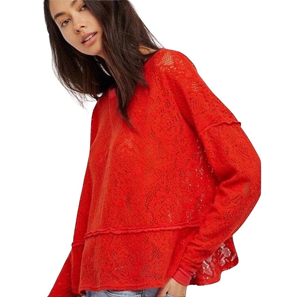 Free People Not Cold in This Red Lace Top Oversized Long Sleeve Medium